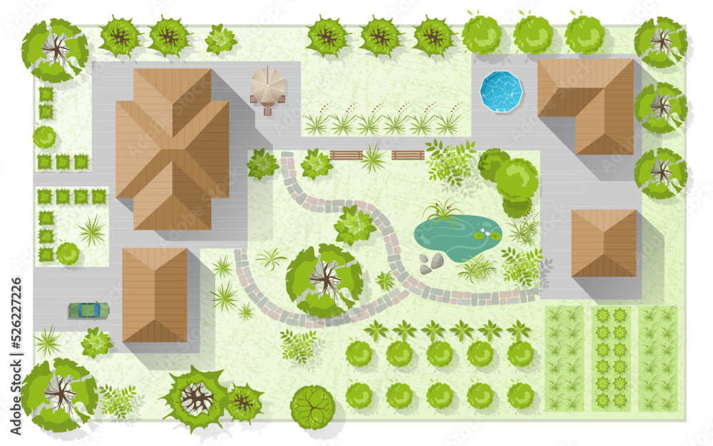 Landscape design plan with house, courtyard, lawn and garage top view