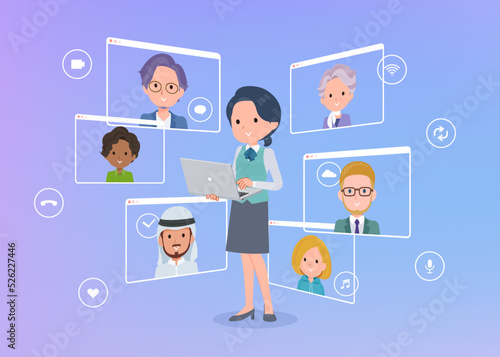 ノートパソコンを使ってオンラインコミュニケーションをとっている事務員女性のセット