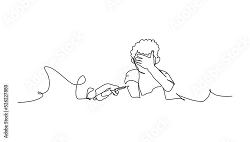 One continuous line a boy who is afraid of injections. Minimalist style vector illustration in white background.