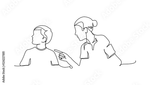 One continuous line of a boy turns away when advised by his mother. Minimalist style vector illustration in white background.