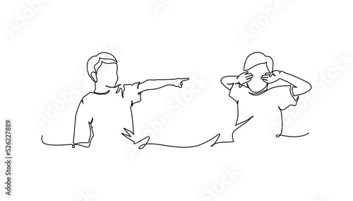 One continuous line a little boy bad behavior. Minimalist style vector illustration in white background.