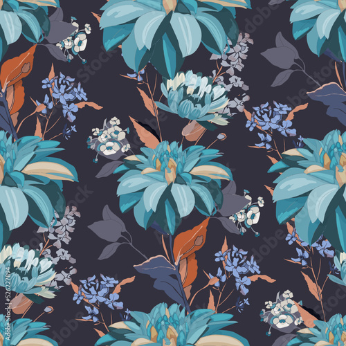 Vector floral seamless pattern with turquoise dahlias on a graphite background Fototapet
