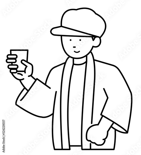 日本酒を試飲する杜氏の男性のイラスト素材　線画のみ