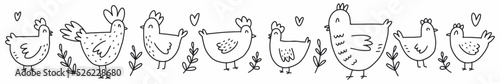 A hand-drawn set of cute chickens. Vector illustration of poultry drawn in the style of doodles.