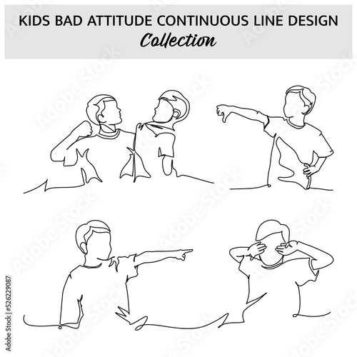 Set of kids bad attitude continuous line. Vector illustration of minimalist style on a white background.