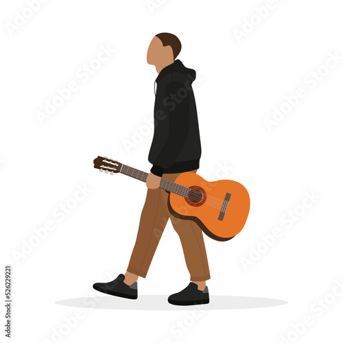 A male character with a guitar in his hand goes on a white background