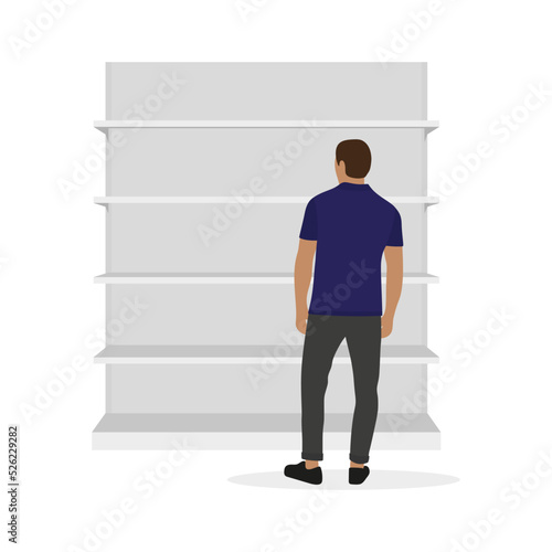Man standing and looking at an empty grocery shelf on a white background