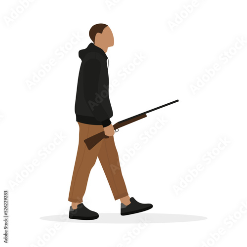 A young man with a gun in his hand walks on a white background