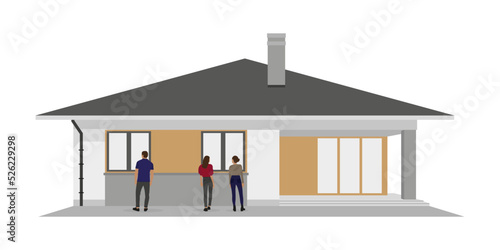 Two women and one man look into the windows of the house on a white background