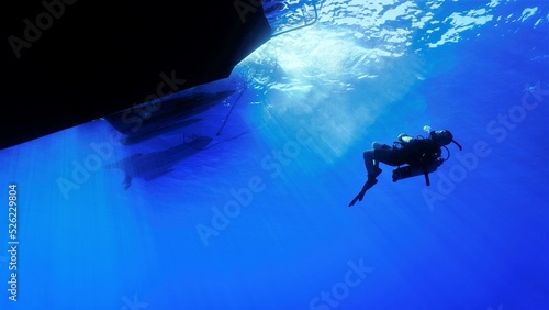 Underwater photo of scuba diver in rays of light. Art and home decoration for your interior design. © Johan
