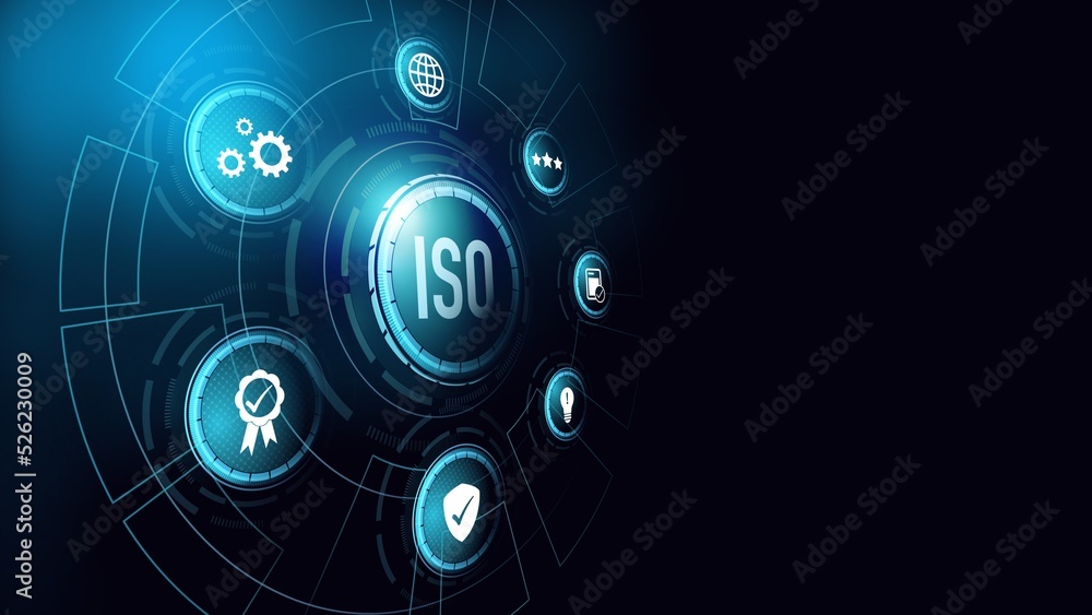 ISO. Concept of ISO Standards Quality Assurance Warranty Warranty Business Technology on a dark background ISO. Concept of ISO Standards Quality Assurance Warranty Warranty Business Technology on a dark background