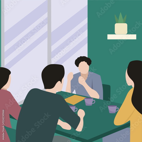 Creative Vector illustration drawing of group discussion at a coffee shop, discussing a business project that will be presented at school. Modern Design Illustration Vector
