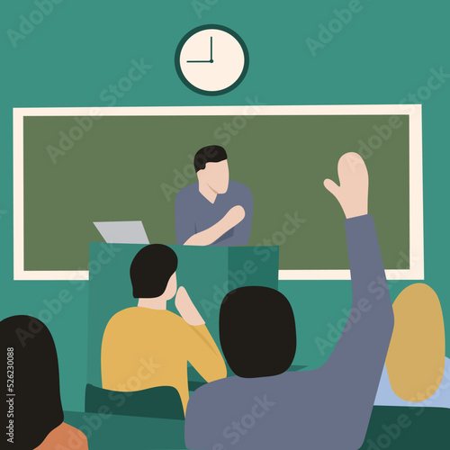 Creative Vector illustration drawing of a student raises his hand in class to ask a question while the teacher is explaining the lesson. Modern Design Illustration Vector