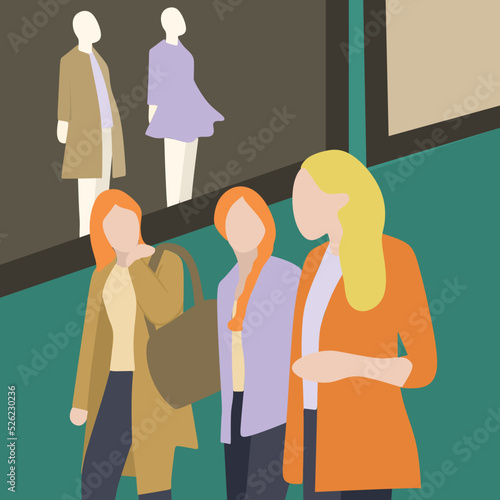 Creative Vector illustration drawing of Girls shopping and walking in London. Three girls having fun in the city while shopping. Best friends sharing happiness, lifestyle, and friendship concepts.