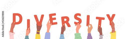 Group of different female hands holding red word Diversity. Multi-ethnic people are together. Vector hand drawn illustration in cartoon style. Partnership and solution cooperation.