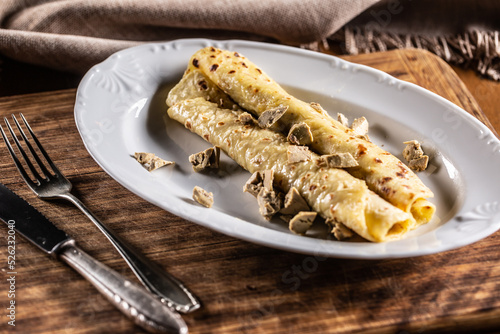 Traditional Slovak and Czech potato dumplings stuffed with goose liver. photo