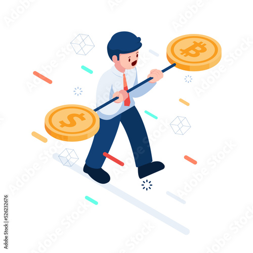 Isometric Businessman Trying to Balance Dollar and Bitcoin photo