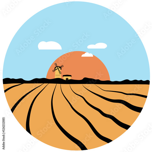 Windmill in a rural landscape. Sunset Illustration in the round frame