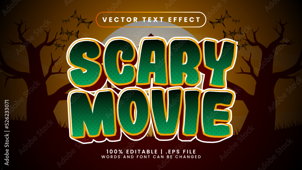 Scary movie 3d editable text effect with bats flaying and tree background