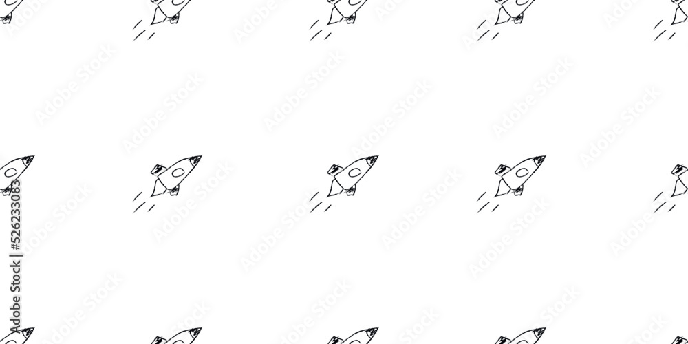 Doodle cosmic seamless pattern in childish style. Hand drawn abstract space rocket. Black and white Doodle cosmic seamless pattern in childish style. Hand drawn abstract space rocket. Black and white