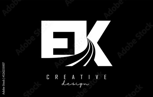 Creative white letters Ek e k logo with leading lines and road concept design. Letters with geometric design.