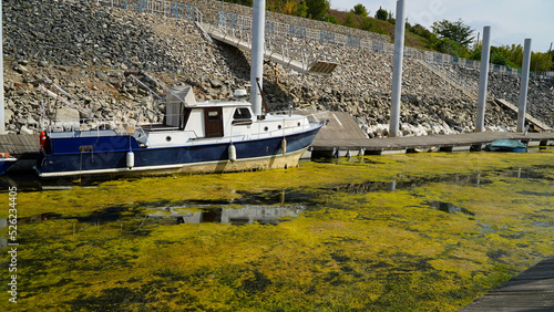 Corabia tourist port, Romania. boats stuck on the shore due to drought.