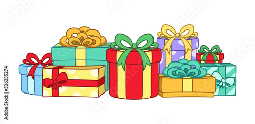 Colorful festive gifts, boxes and presents cartoon illustration. Christmas or birthday gifts with bows.