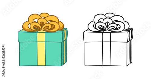 Gift box with bow cartoon clipart. Christmas or birthday present illustration. Colored and outline set. Coloring book page printable activity worksheet for kids.