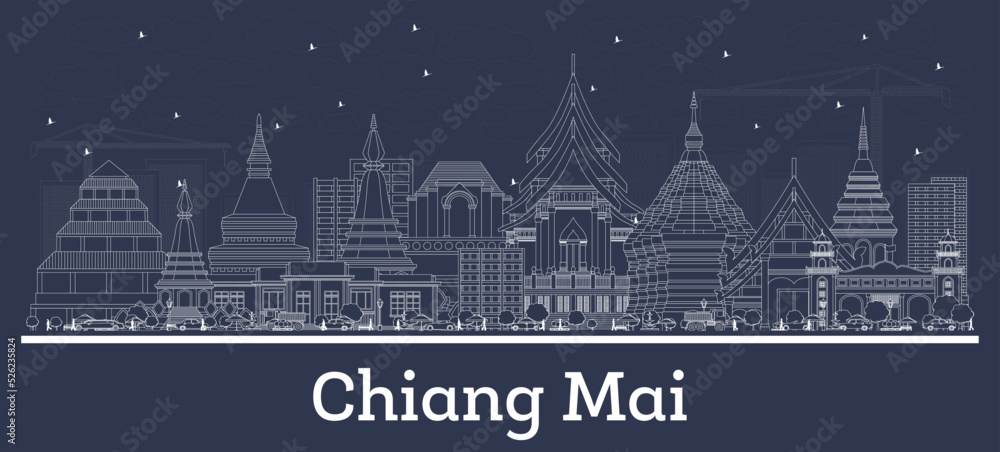 Outline Chiang Mai Thailand City Skyline with White Buildings.