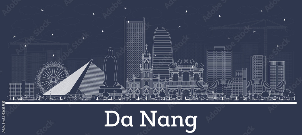Outline Da Nang Vietnam City Skyline with White Buildings.