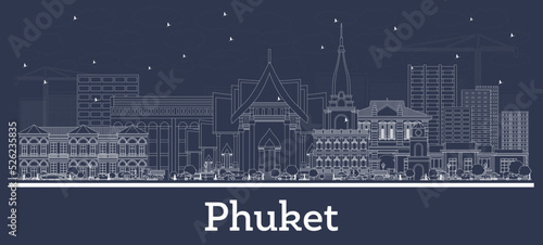 Outline Phuket Thailand City Skyline with White Buildings.