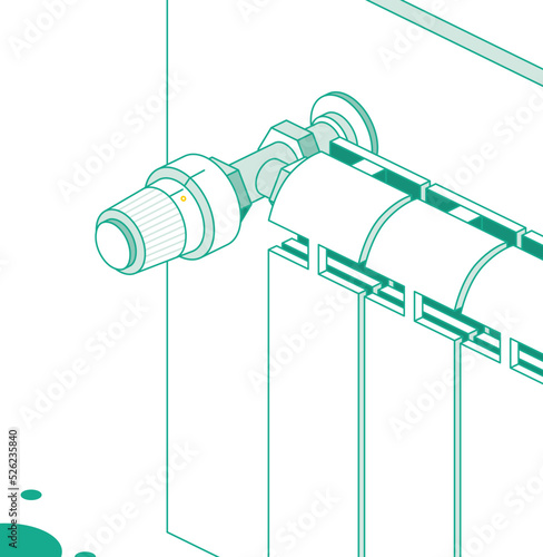 Isometric Heating Radiator with Thermostat. Outline Concept Isolated on White.