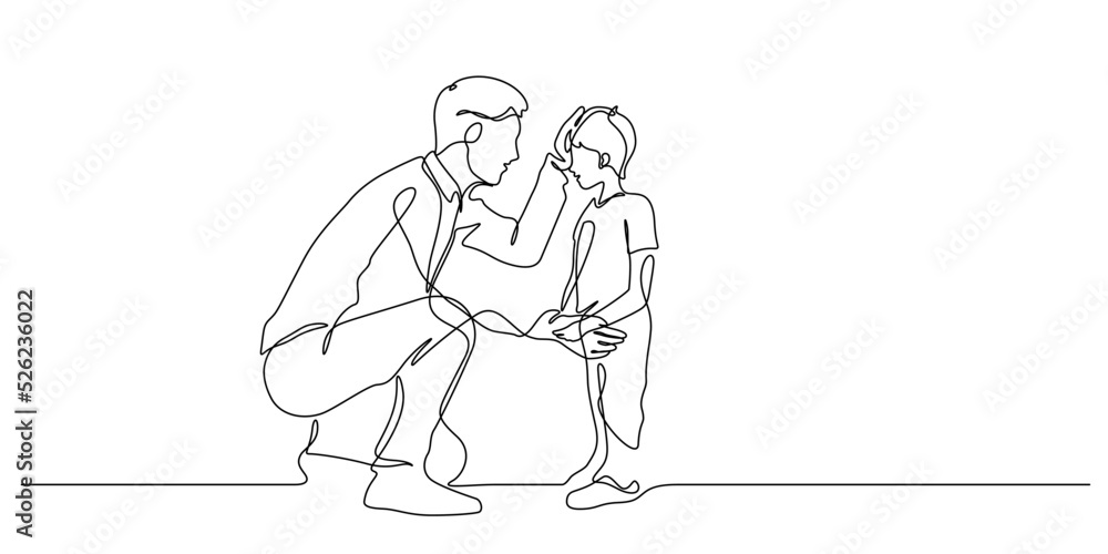 father kneeling and rub his son gently on head