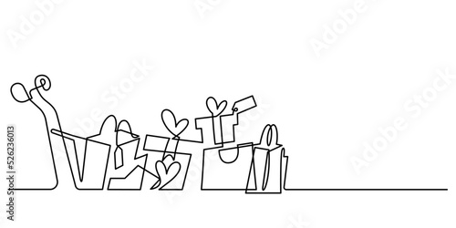 shopping cart with shopping bags and gift boxes celebration in continuous line drawing