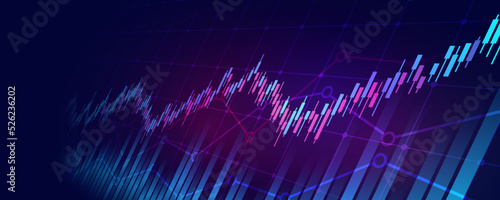 widescreen Financial graph with abstract trend line chart in stock market on neon color background

