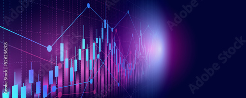 widescreen Financial graph with abstract trend line chart in stock market on neon color background 