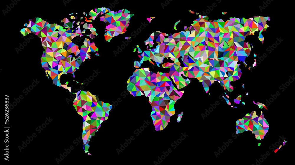 Fototapeta premium Multicolored world map on black background. Illustration.