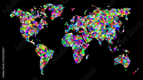 Multicolored world map on black background. Illustration.