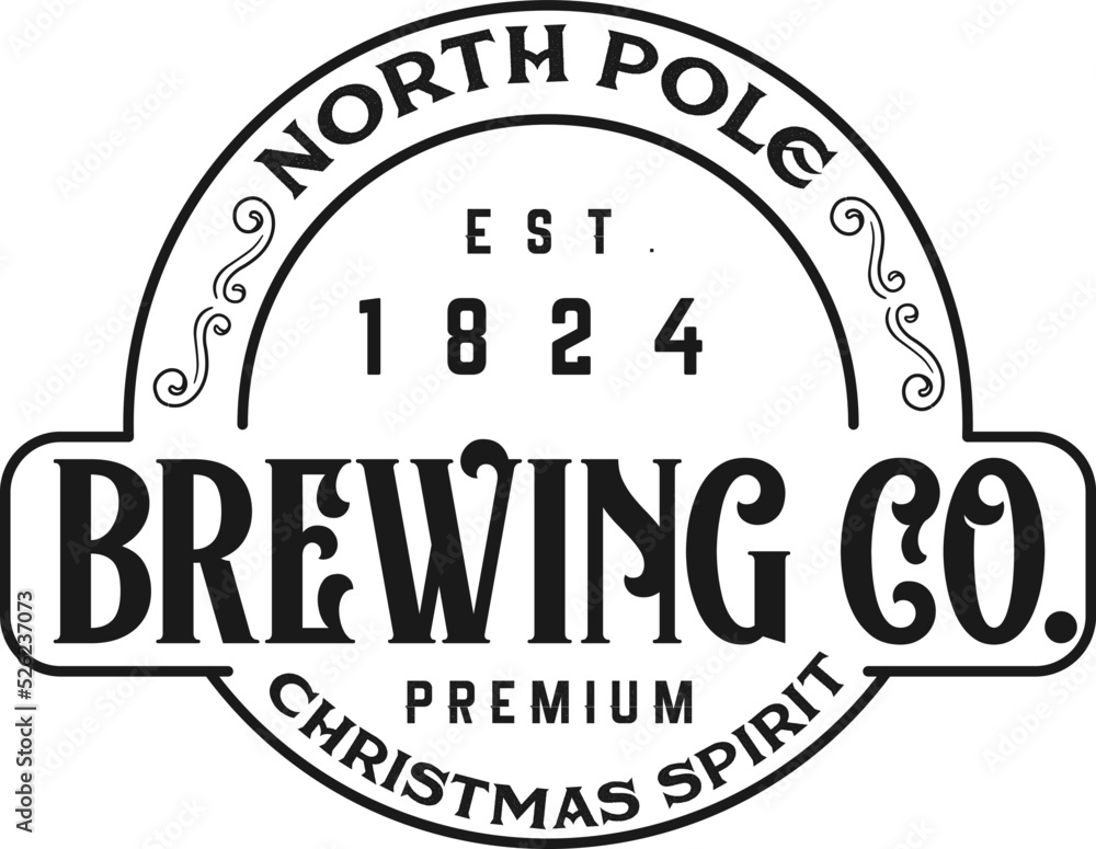 North pole brewing co spirit. Christmas vintage retro typography labels badges vector design isolated on white background. Winter holiday vintage ornaments, quotes, signs, tag, postal label,  postmark