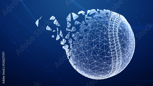 3D mesh of a baseball isolated on blue abstract background. 3D illustration.