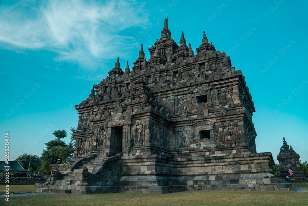 Plaosan Temple, a Buddhist temple relic of the ancient Mataram kingdom with a magnificent building and still very clean with a blue sky background