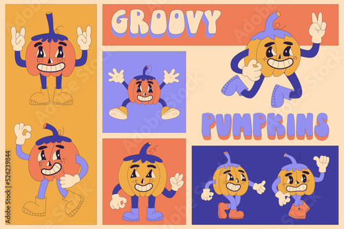 Groovy Halloween Pumpkins cartoon characters. Set of vector comic illustrations with pumpkins in trendy retro cartoon style. © Anna Kubasheva
