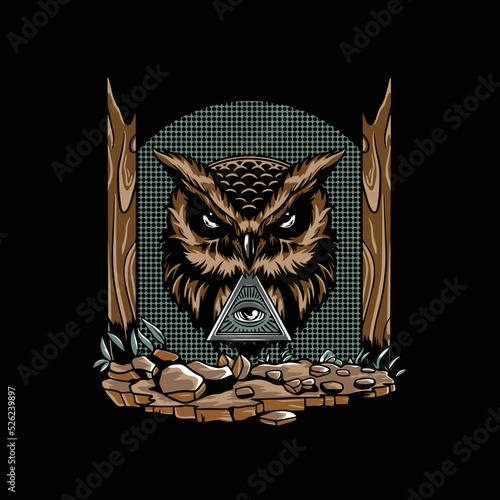 illustration of a rugged forest with owl, a color picture on a black background.