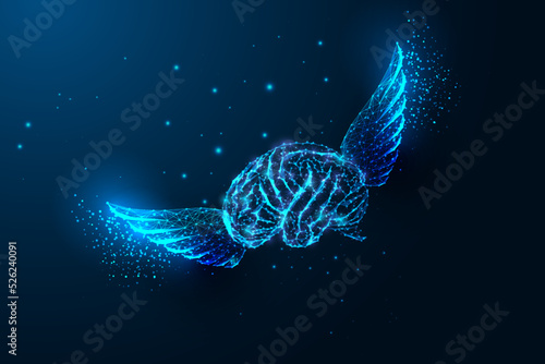 Imagination, creative idea concept with flying brain and wings in futuristic glowing style on blue