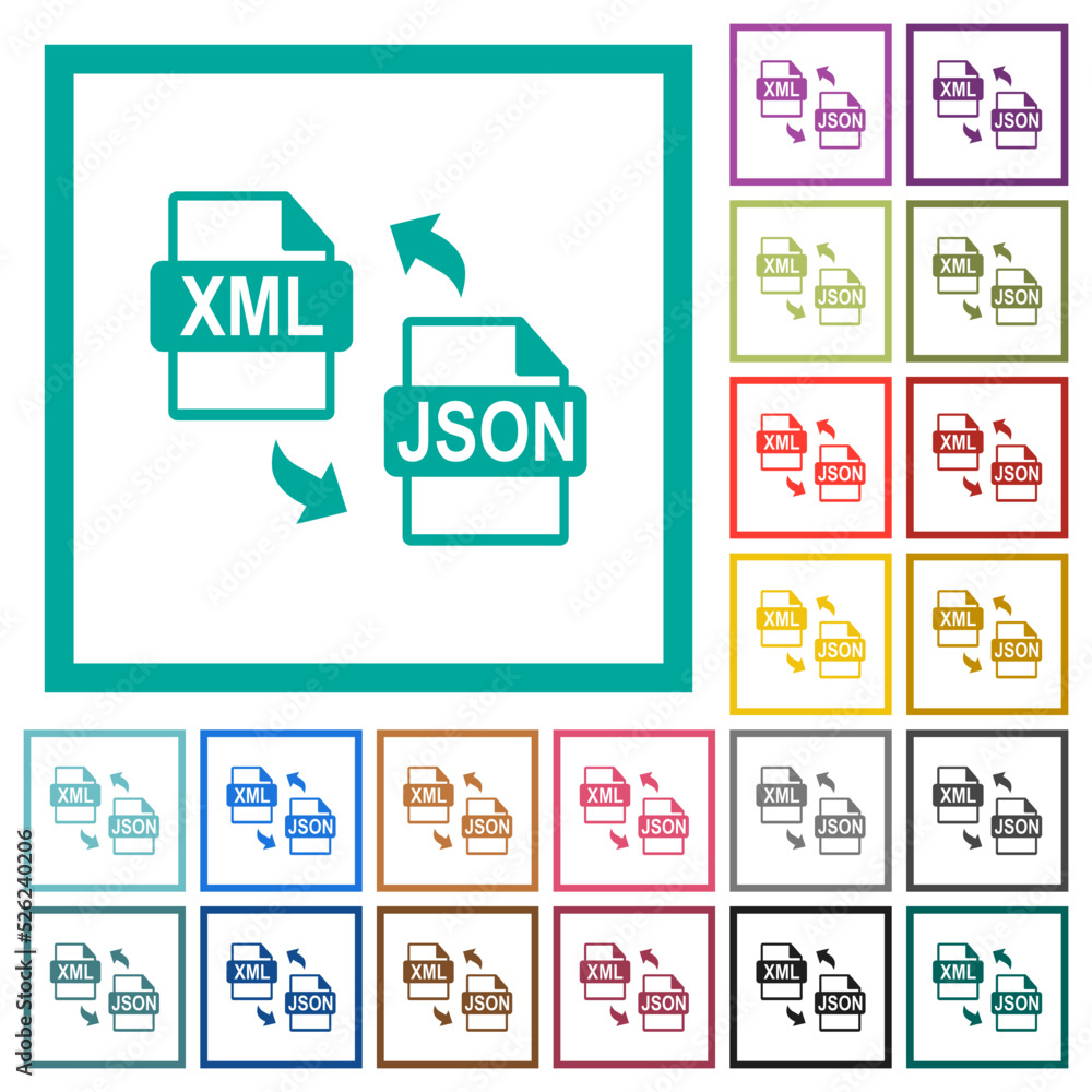 XML JSON file conversion flat color icons with quadrant frames XML JSON file conversion flat color icons with quadrant frames