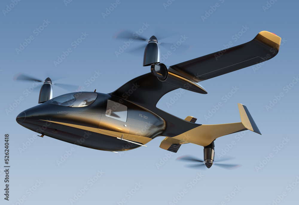 Electric VTOL passenger aircraft flying in the sky. Air mobility