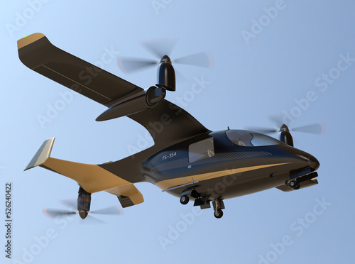 Electric VTOL passenger aircraft  flying in the sky. Air mobility concept.  3D rendering image. photo