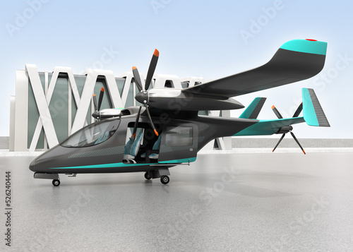 Electric VTOL passenger aircrafts in airport. Urban Passenger Mobility concept. 3D rendering image.