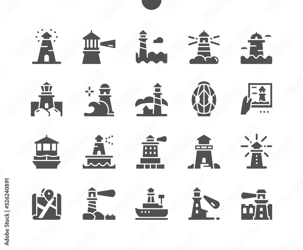 Lighthouse. Beacon lens. Navigation. Travel, signal, tourism, searchlight, seascape, marine. Vector Solid Icons. Simple Pictogram