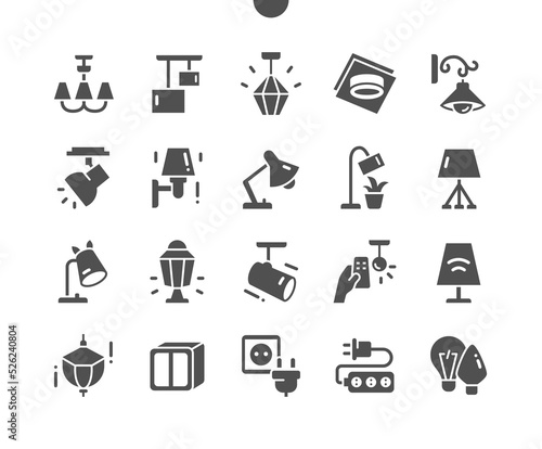 Lighting. Chandelier, wall lights, floor lamp, spotlight, sockets and other. Vector Solid Icons. Simple Pictogram
